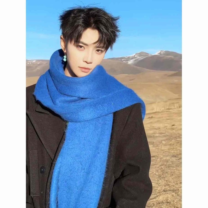 Unisex Premium Blue Scarf - Korean Style Thick Warm Solid Color Long Winter Neck Scarf