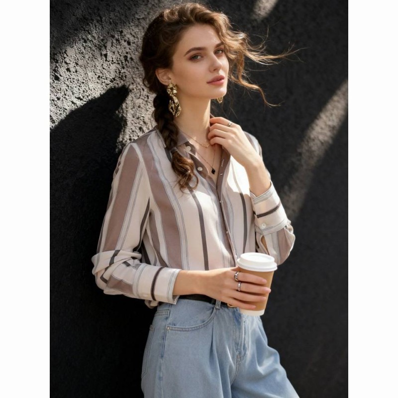 Women's 2026 Vintage Striped Polo Collar Shirt Loose Fit Casual Long Sleeve Blouse