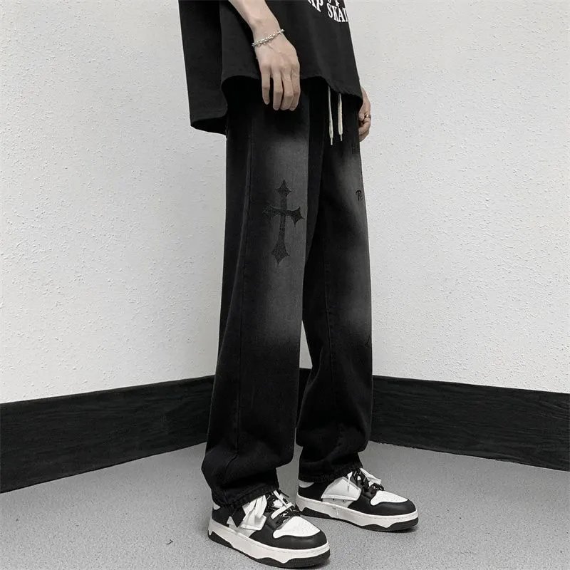 Men's High Street American Retro Cross Print Jeans Loose Straight Leg Dad Pants