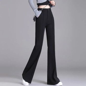 Women's Black Suit Pants - High-Waisted Slim Fit Flared Hem Trousers