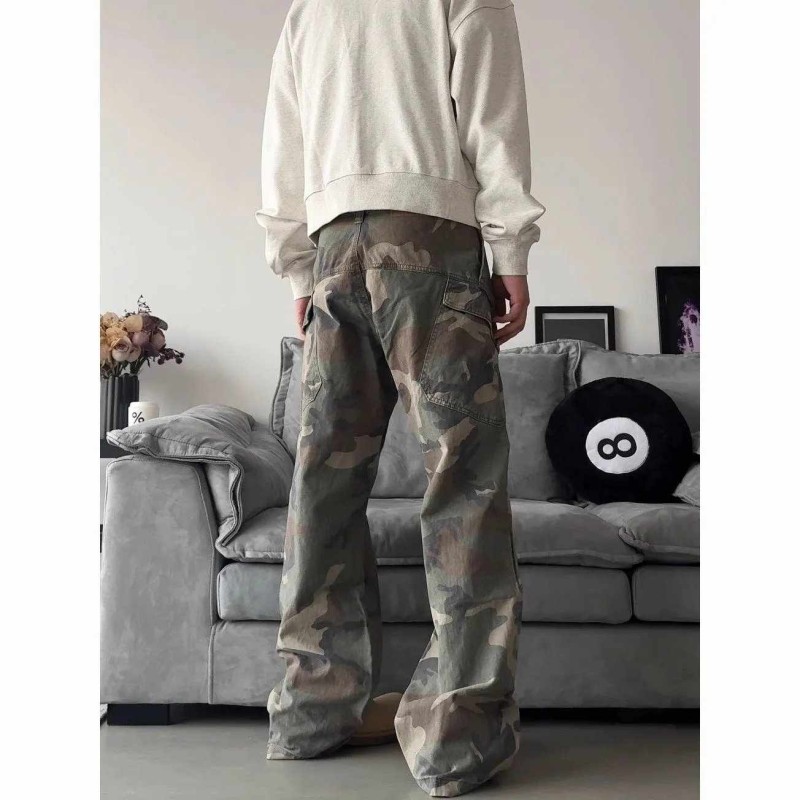 Unisex American Retro Camouflage Cargo Jeans Loose Straight Micro-Flare High Street Pants