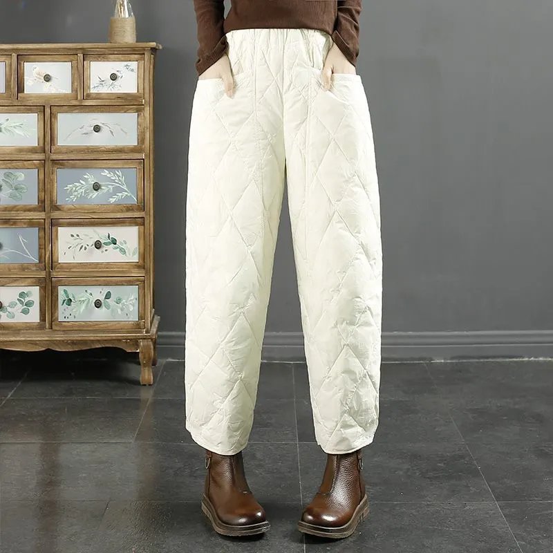 Women's Quilted Puffer Pants - High-Waisted Loose Fit Ankle-Cuff Winter Warm Trousers