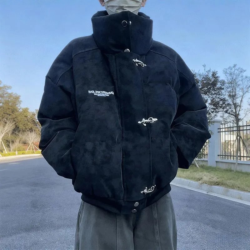 Men's American Tie-Dye PU Leather Puffer Jacket - High Street Stand Collar Bomber Coat