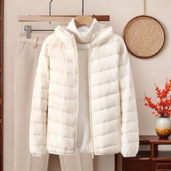 Women's Lightweight Down Jacket - Hooded Slim Fit Short Puffer Coat