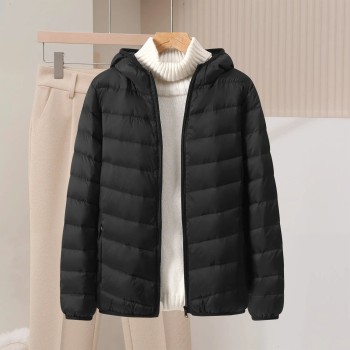Women's Lightweight Down Jacket - Hooded Slim Fit Short Puffer Coat