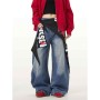 Women's Streetwear Waist Drape Jeans - Retro Wide Leg Curved Hem Denim Pants