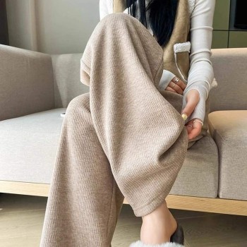 Women's Light Grey Lamb Fleece Wide Leg Pants - High Waisted Loose Fit Convertible Track Pants
