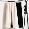 Women's Petite Fleece Lined Chenille Wide Leg Pants - High Waisted Narrow Cut Straight Trousers