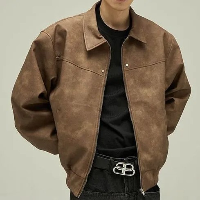 Men's American Retro Hip-Hop PU Leather Lapel Jacket Loose Streetwear Biker Coat