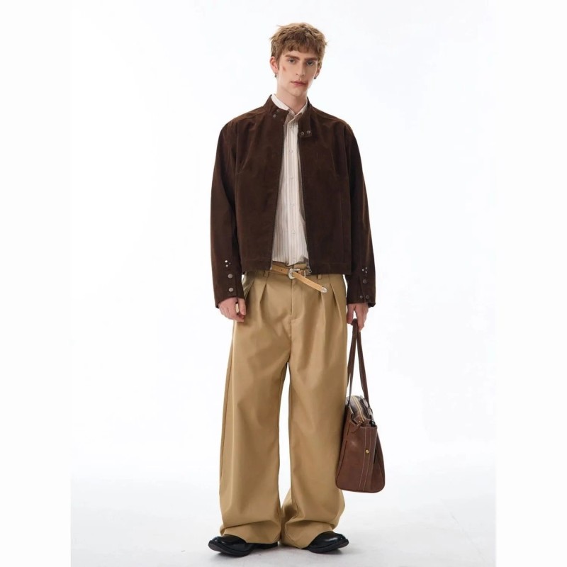 Unisex Retro Coffee Suede Harrington Jacket Relaxed Fit Stand Collar Windproof Casual Short Coat