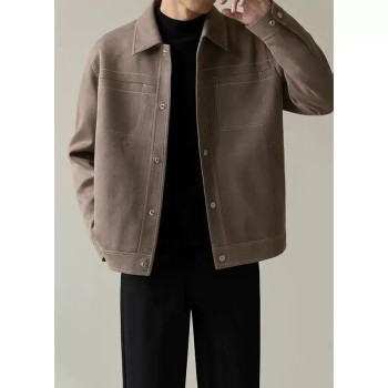 Men's Relaxed Fit Casual Lapel Jacket Premium Contrast Stitch Short-Sleeve Solid Color American Style Outerwear
