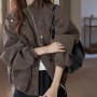 Women's American Retro Matte Faux Leather Jacket Oversized Stand Collar Casual Cool Chic Coat
