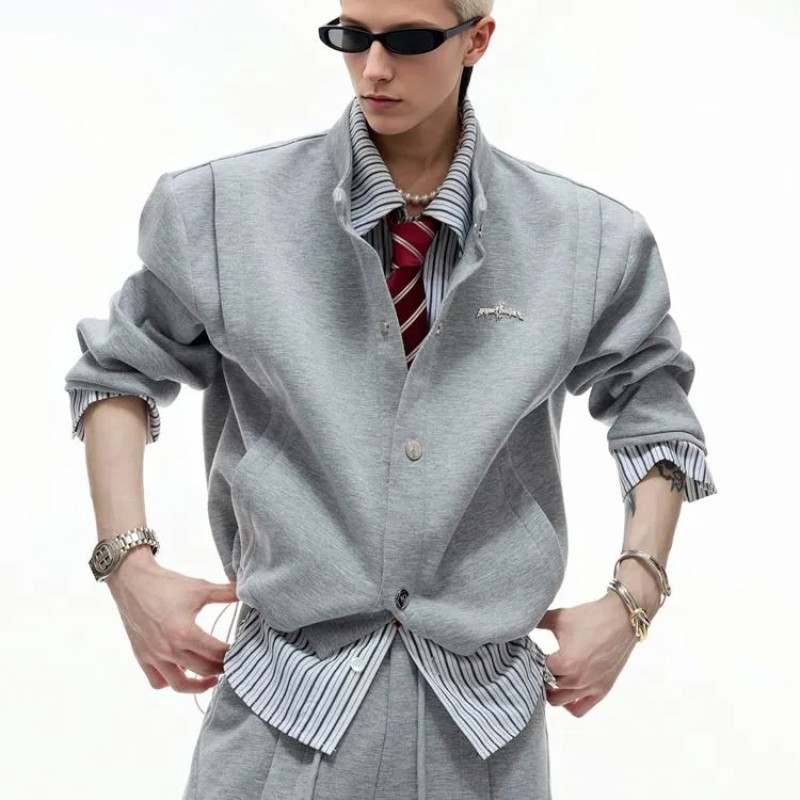 Men's Hong Kong Style Layered Striped Patchwork Jacket Slim Stand Collar Fringe Detail Casual Coat
